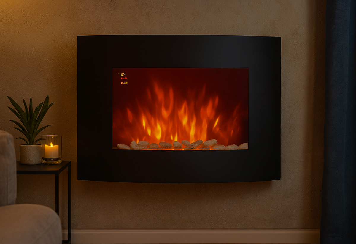 Απεικονίζεται το τζάκι σε λειτουργία εγκατεστημένο στο καθιστικό.